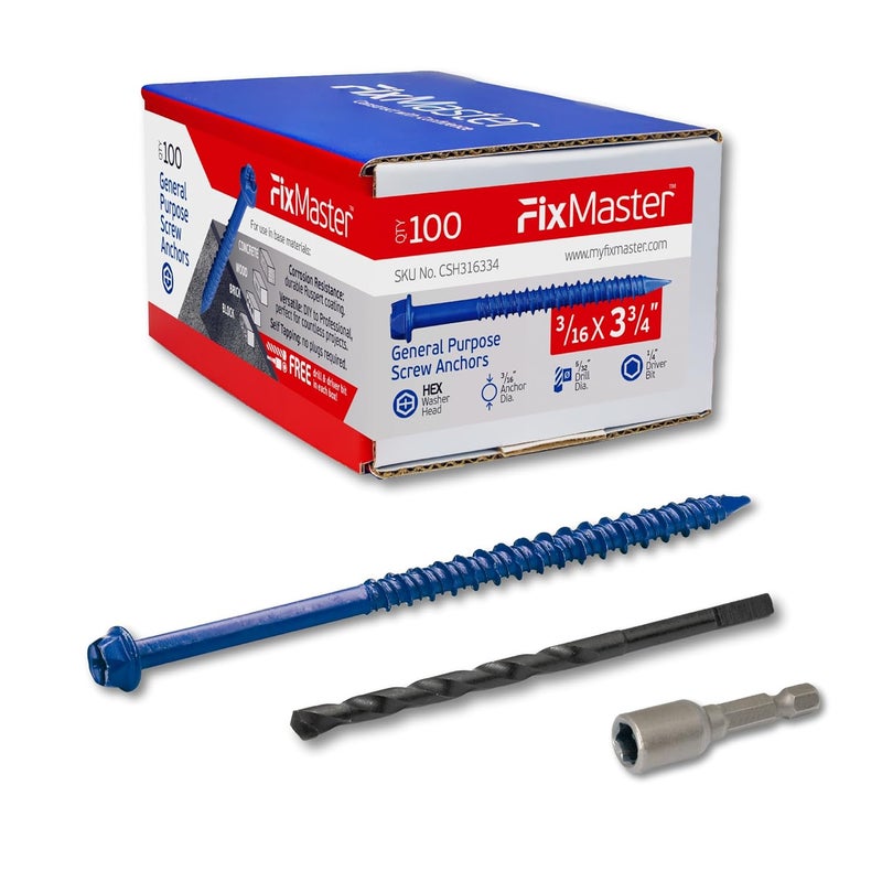 FixMaster 3/16 x 3-3/4" Hex Head Blue Concrete Screw Anchors (100 pcs Screw Kit) with one Screwdriver and Drill Bit for Concrete, Masonry, Block, Brick and Wood Fastening - Image 1